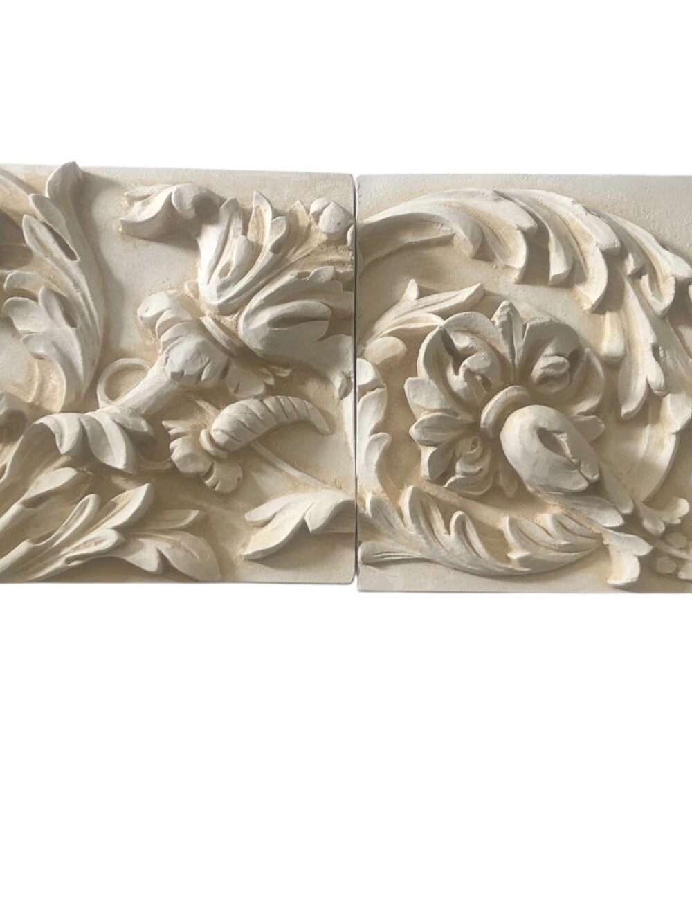 Set 2 VNTG Heavy Hand-cast Plaster Architectural Relief Plaques Acanthus Foliage